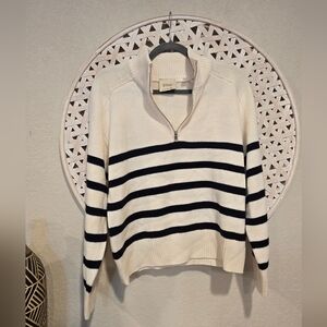 VGUC Women's M Elie Tahari 1/4 Zip Black & White Striped Sweater Pullover S/P
